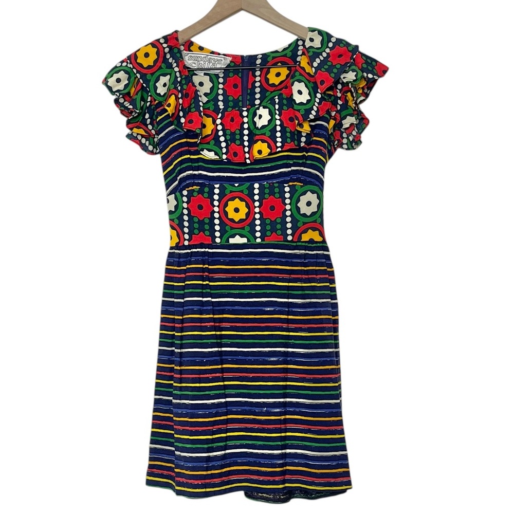 Vintage Sundays Child Geo Striped Print Multicolor Short Sleeve Mini Dress XS